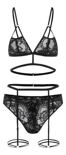 Set De Lencería Sexy Con Encaje Con Abertura Y Liguero