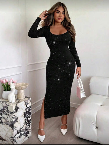 Vestido Largo De Fiesta Tela Brillante Con Tajo En La Pierna