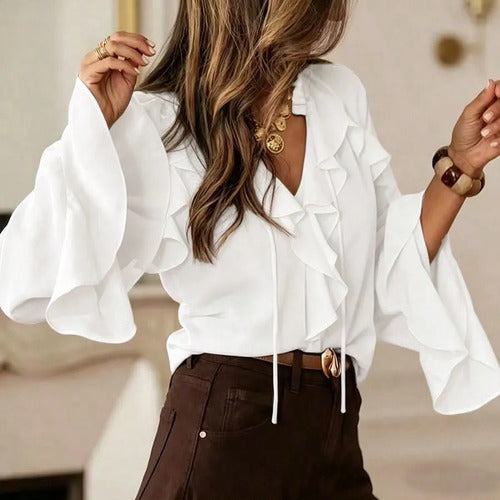 Camisa Blusa Escote V Gasa Mangas Campana Volados Kikinas