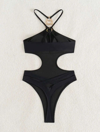 Traje De Baño Entero Malla Enteriza Halter Cruzada Con Aro Negro Xl