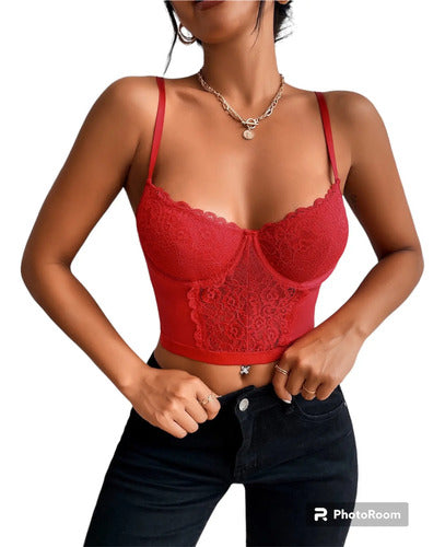 Top De Tirantes Bustier Con Encaje Rojo M
