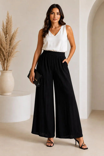 Pantalón Palazzo Elegante Gasa Oxford Plus Size Kikinas Negro Gasa Xl