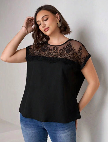 Blusa Manga Corta Cuello Redondo Encaje Talle Grande Kikinas