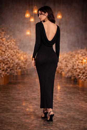 Vestido De Fiesta Largo Espalda Descubierta Con Detalle Negro Lisa/elastizada Xl