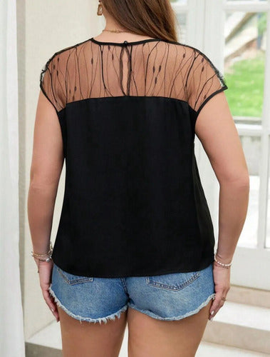 Plus Size Blusa Talle Grande Manga Corta Pecho Encaje Kikina