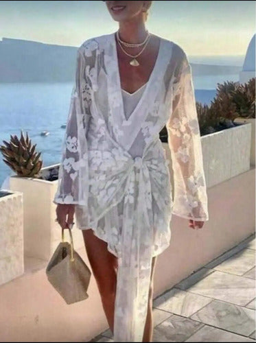 Vestido Playero Corto De Encaje Pareo Salida De Playa Kimono