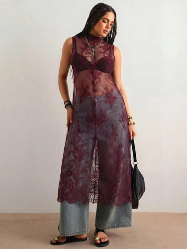Vestido Túnica Encaje Largo Tipo Kimono, Bluson, Blusa