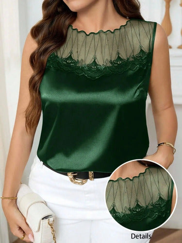Blusa Musculosa De Saten Y Encaje Talle Grande Kikinas Verde Satén Xl