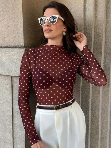 Blusa De Lunares Con Tela De Transparencia Kikinas Chocolate Lunares L