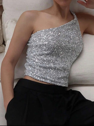 Musculosa Blusa Un Hombro Lentejuelas Plateado Kikinas