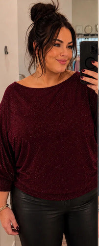 Blusa Plus Holgada Manga Murcielago Tela Brillante Kikinas