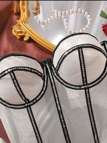 Corset Top Tipo Bustier Con Detalles Brillantes Lentejuelas