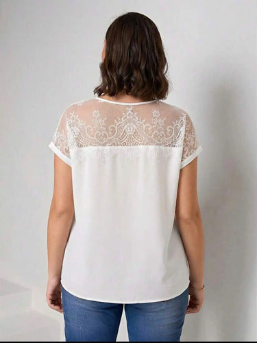 Blusa Manga Corta Cuello Encaje Talle Grande Kikinas Blanco Lisa/encaje 2xl
