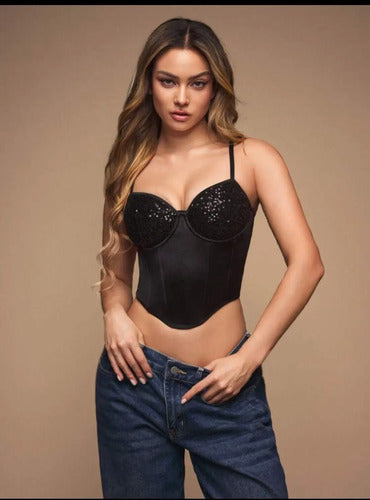 Corset Con Detalles Brillantes Bustier Terciopelo Kikinas Negro S