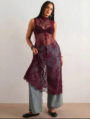 Vestido Túnica Encaje Largo Tipo Kimono, Bluson, Blusa