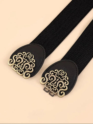 Cinto Elastizado Fino Hebilla De Enganche Dorado Vintage Negro Elastizado/dorado 80