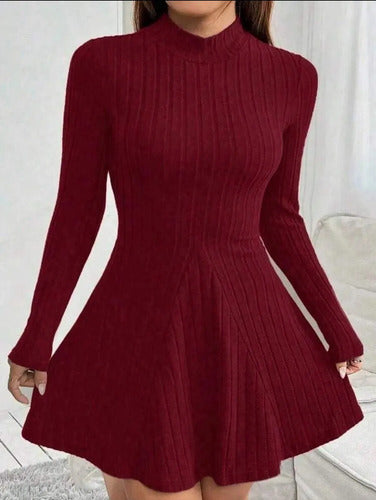 Vestido De Mujer De Cuello Alto, Manga Larga, Acanalado