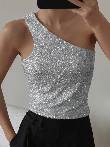 Musculosa Blusa Un Hombro Lentejuelas Plateado Kikinas
