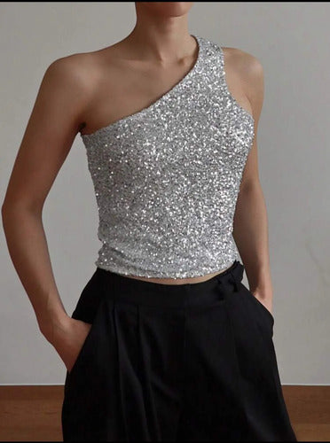 Musculosa Blusa Un Hombro Lentejuelas Plateado Kikinas