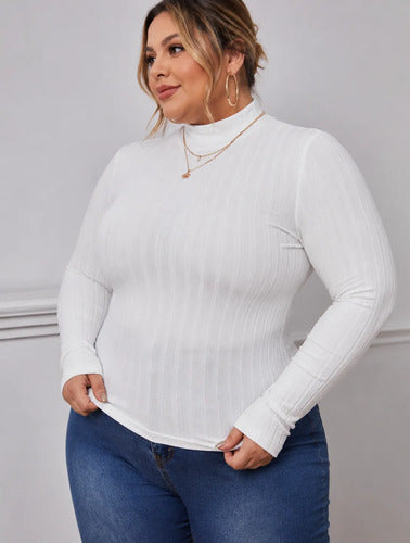 Plus Size Buzo Polera De Lanilla Cuello Alto Talle Grande Xl Blanco Lanilla