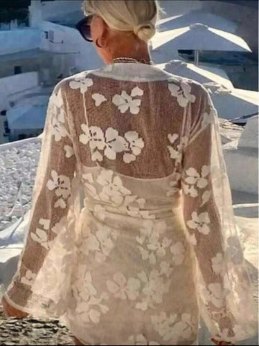 Vestido Playero Corto De Encaje Pareo Salida De Playa Kimono