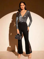 Body Con Mangas Larga De Tela Plateada Brillante Escote V