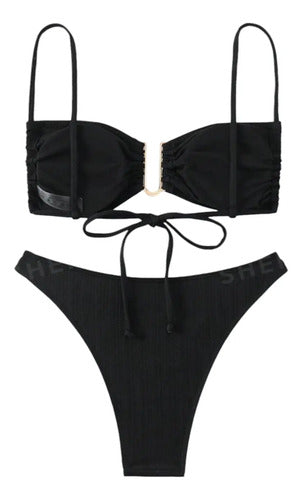 Bikini Malla Traje De Baño  Detalle En El Pecho Negro S