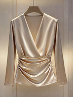 Camisa Seda Blusa Satinada Escote V Kikinas