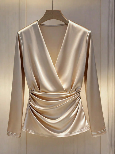Camisa Seda Blusa Satinada Escote V Kikinas