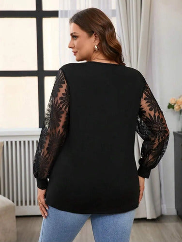 Plus Size Blusa Talle Grande Escote Mangas Encaje Kikinas