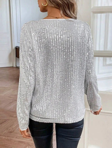 Blusa Brillante Lentejuelas Brillo Manga Larga