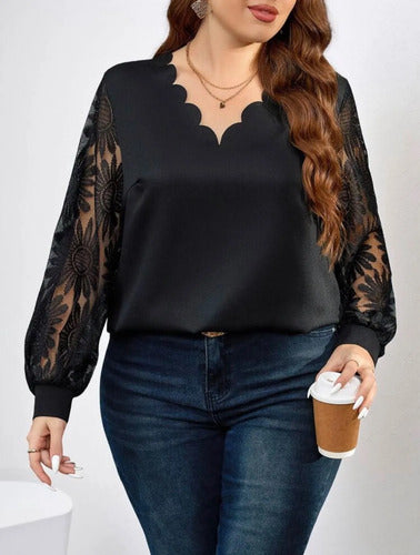 Plus Size Blusa Talle Grande Escote Mangas Encaje Kikinas