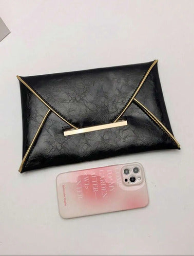 Sobre De Fiesta Tipo Cartera De Mano Dama  Elegante  Kikinas Negro Semipiel Oro