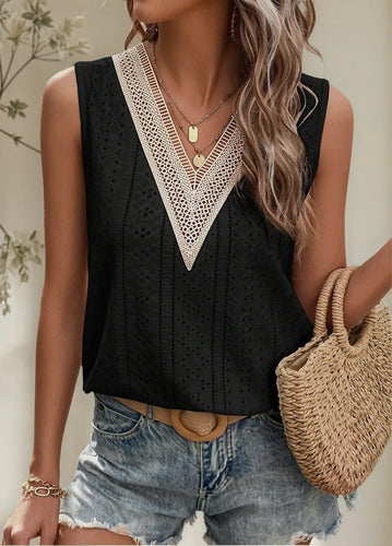 Blusa Camiseta Remera De Dama Cuello V  Con Detalle Tejido