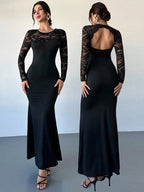 Vestido Largo Fiesta  Encaje Corte Sirena Manga Larga