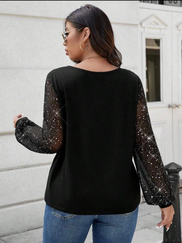 Plus Size Blusa Talle Grande  Mangas Transparente Brillante