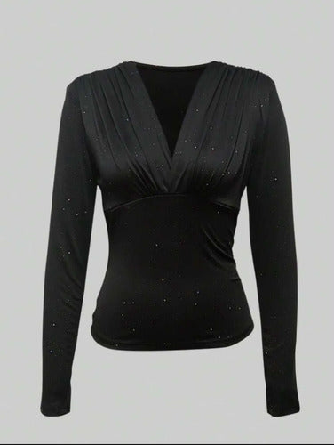Blusa Escote V Camisa Brillante Elastizada Top Kikinas