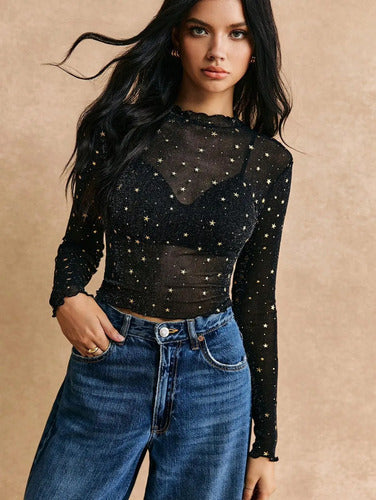 Blusa De Cuello Alto De Malla Transparente Con Brillantes Negro S