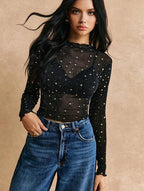 Blusa De Cuello Alto De Malla Transparente Con Brillantes Negro S
