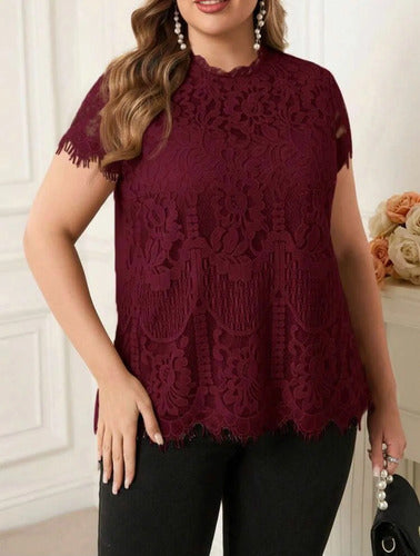 Blusa De Encaje Premium Manga Corta Talle Grande