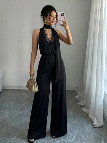 Monito Enterizo Enterito De Fiesta Elegante Escote Encaje Negro Lisa/encaje Xl