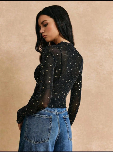 Blusa De Cuello Alto De Malla Transparente Con Brillantes Negro S