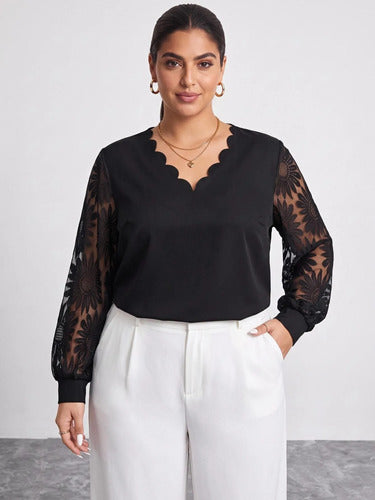 Plus Size Blusa Talle Grande Escote Mangas Encaje Kikinas