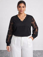 Plus Size Blusa Talle Grande Escote Mangas Encaje Kikinas