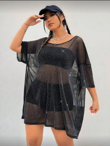 Remeron Plus Size Malla Transparente Brillante Lurex Vestido