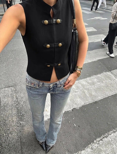 Chaleco Blusa Moda Napoleón Botones Dorados Con Cierre