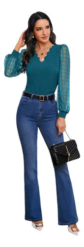 Camisa De Malla Transparente Con Mangas Abuchonada Y Ribetes