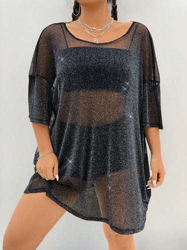 Remeron Plus Size Malla Transparente Brillante Lurex Vestido