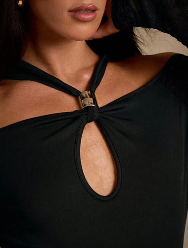 Body De Encaje Cuello Sobre Detalle Dorado Kikinas Negro Lisa/encaje Xl