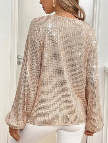 Blusa Brillante Lentejuelas Brillo Manga Larga